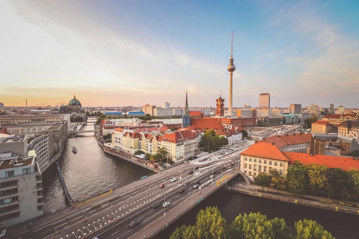 Berlin rooftops and the television tower in the evening light