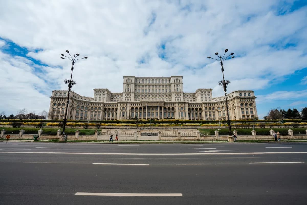 Bucharest’s Palace of Parliament across a wide boulevard
