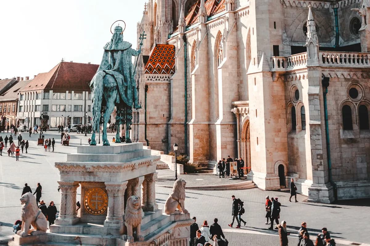 Matthias Church and the equestrian statue of King Stephen in Budapest