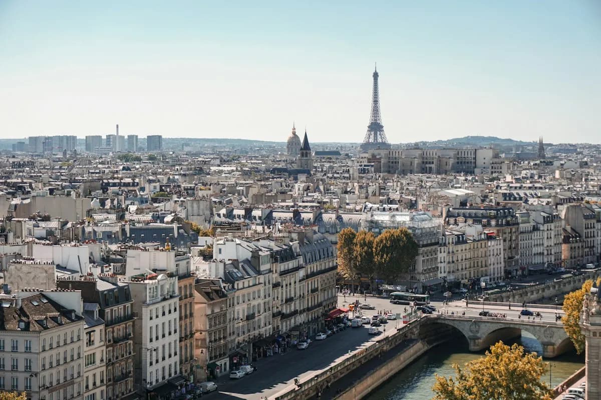Paris rooftops with the Eiffel Tower rising above the city