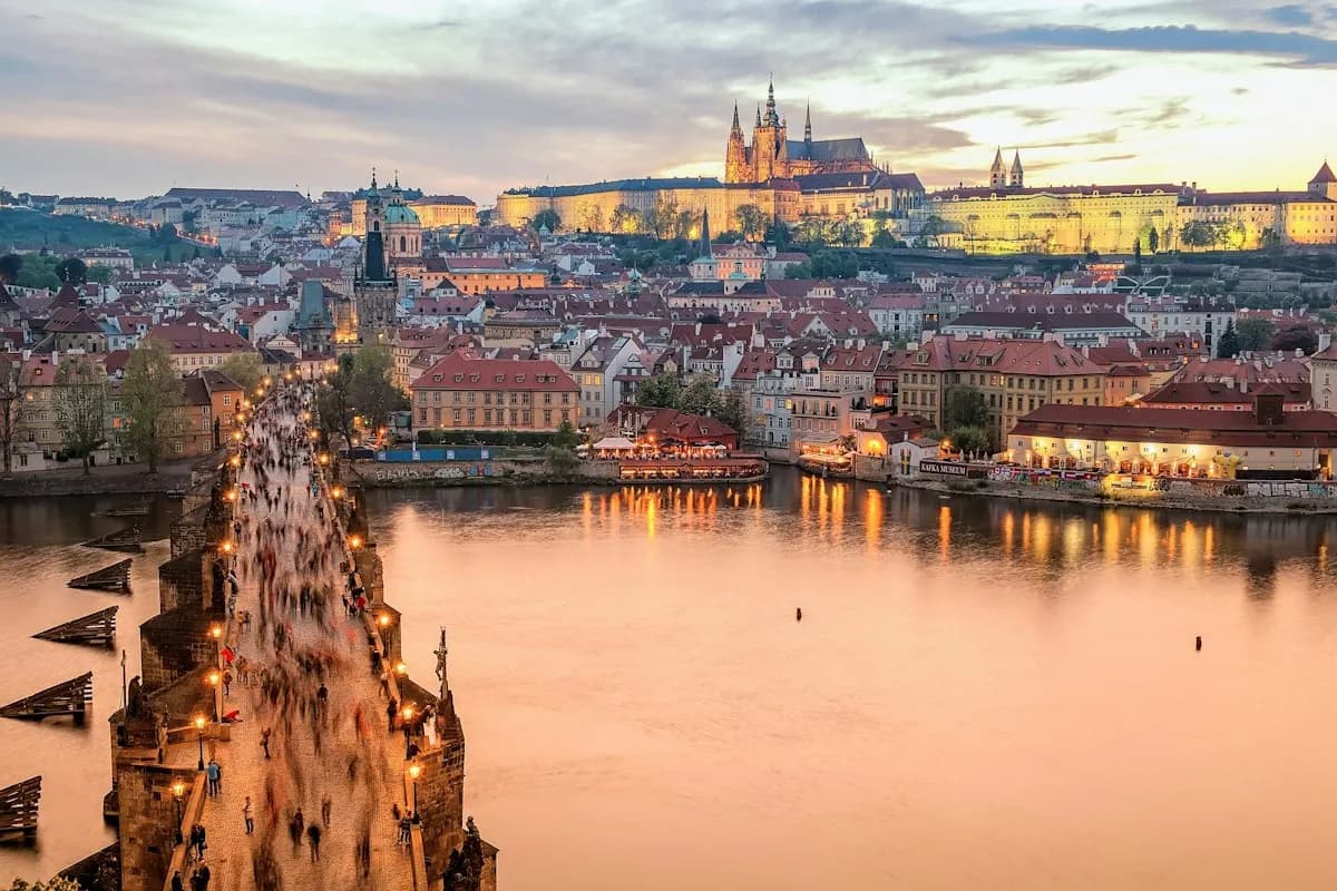The Vltava River and bridges below Prague Castle at sunset