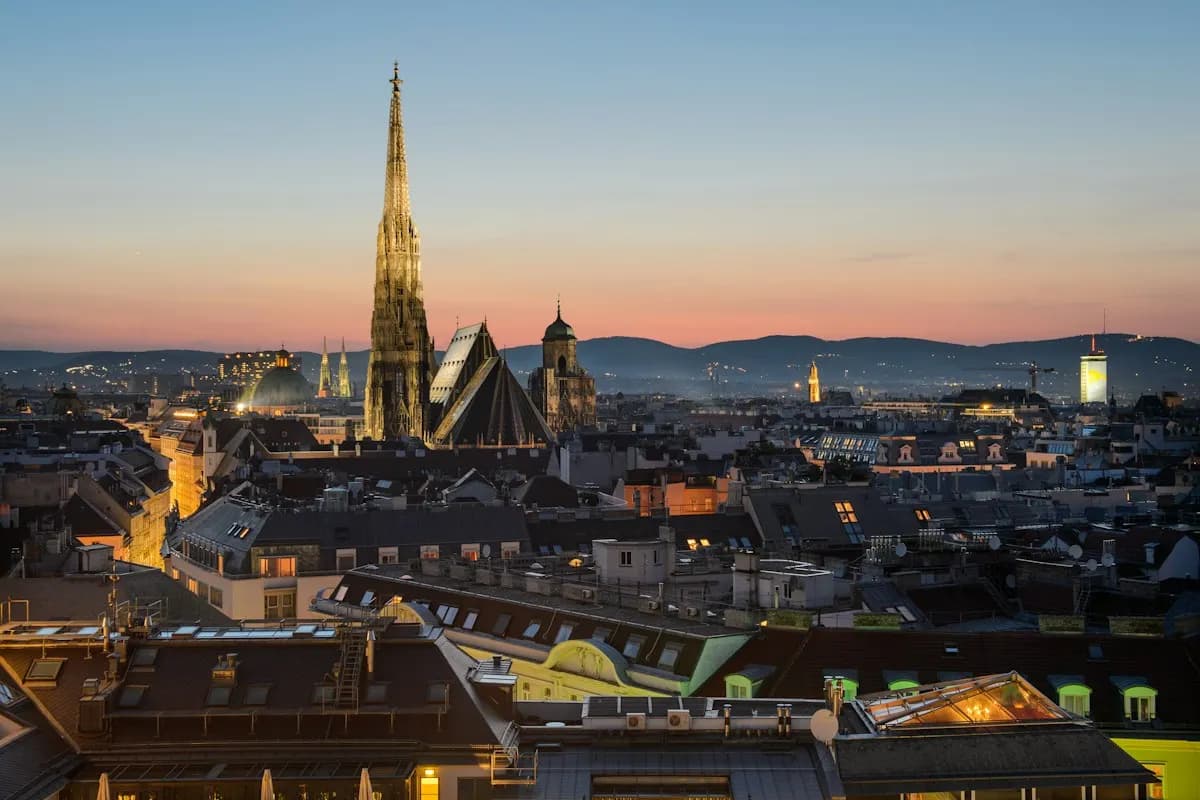 St Stephen’s Cathedral rising above Vienna’s rooftops at sunset